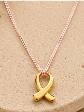 Plunder Courage Necklace Gold Ribbon Pendant Pink Chain Breast Cancer Awareness